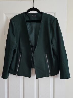 Allegra K Women’s Forest Green Open Front Blazer with Zip Pockets